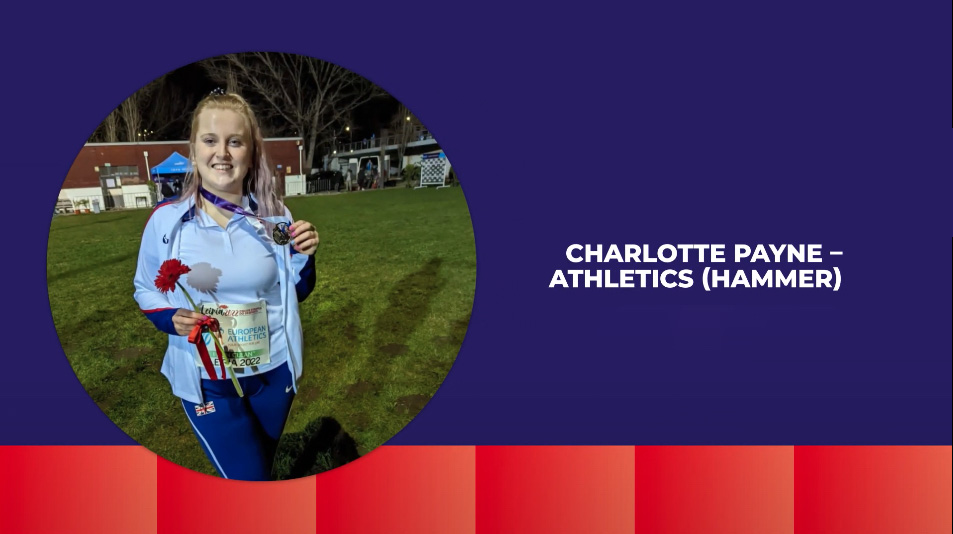 A banner showing the text Charlotte Payne -Athletics, Hammer with a picture of her on an athletics
