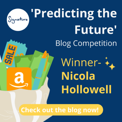 An image announcing that the winner of the second blog competition is Nicola Hollowell, with a cartoon image of a goodie bag of treats and stars