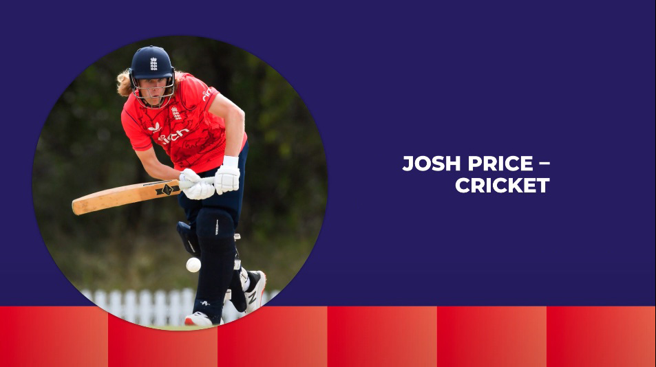 A banner showing the text Josh Price -Cricket with a picture of him up to bat on the pitch