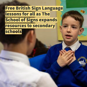 An image of children in a sign language (BSL) lesson, captioned with the headline text of this article